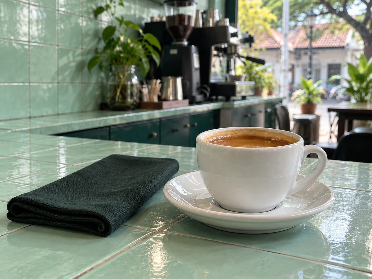 Espresso in a ceramic cup on a mint-tiled cafe counter, Kandy hill light through the shopfront