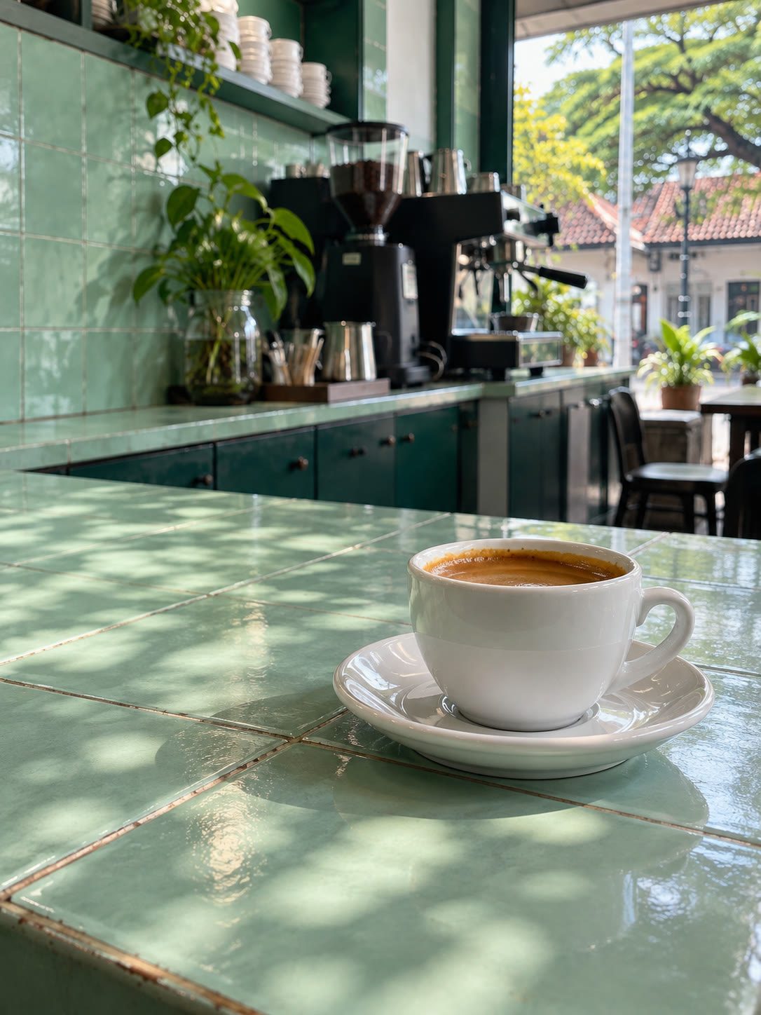 Mint-tiled cafe counter with an espresso cup, Kandy daylight through a shopfront