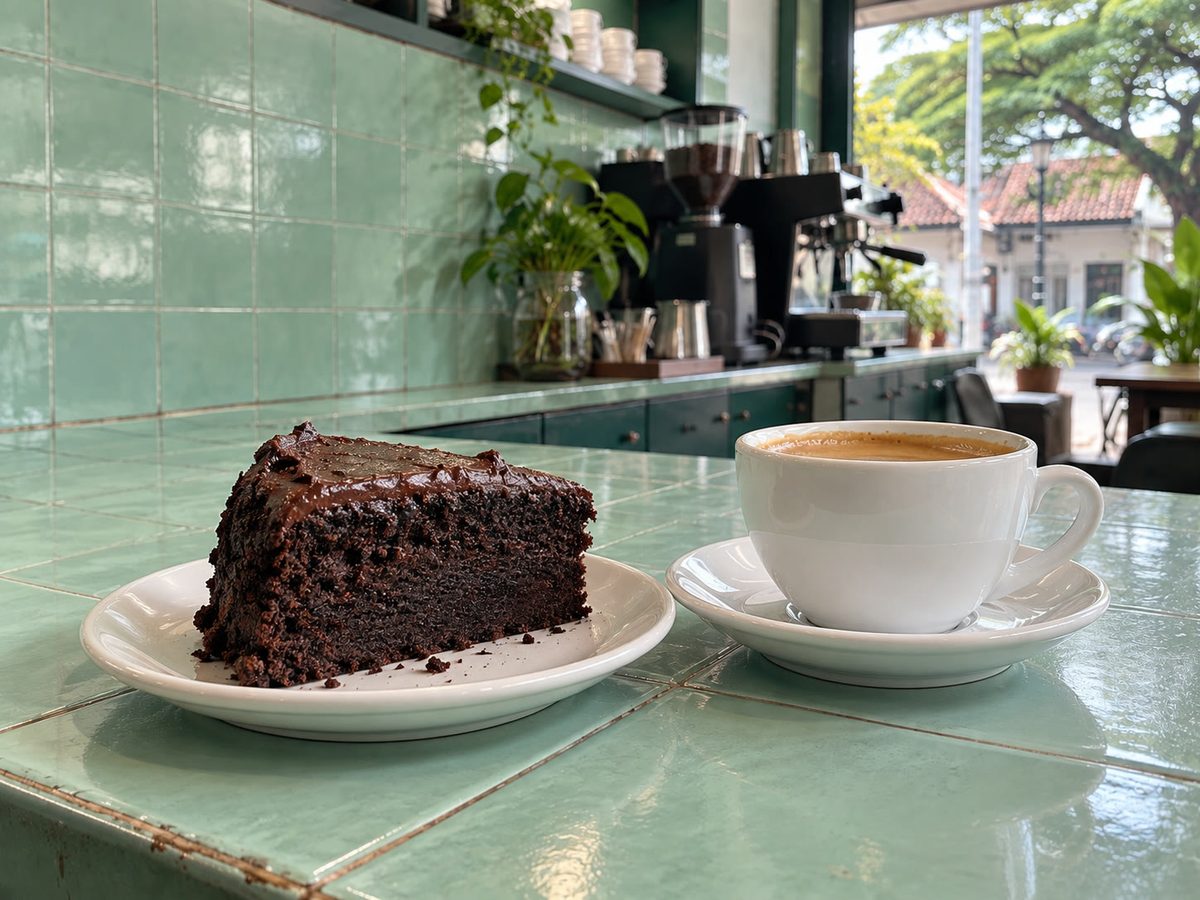 Slice of chocolate cake on a small plate beside a ceramic coffee cup