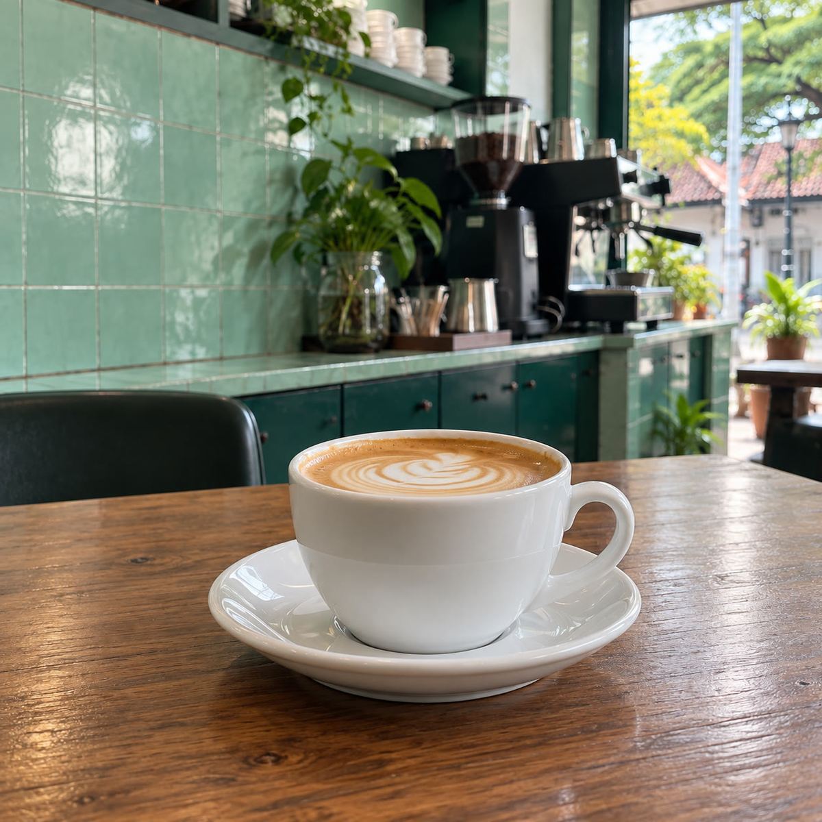 Latte in a wide cup on a wooden table, green interior wall behind