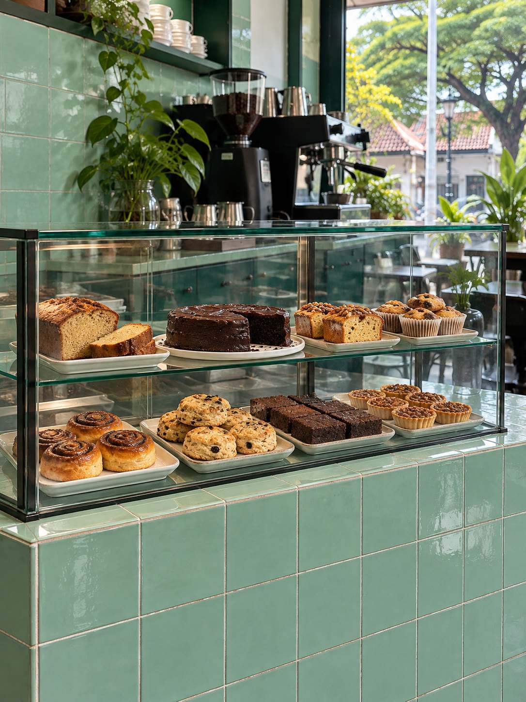 Pastry case with homemade cakes, no labels, cool hill-city light