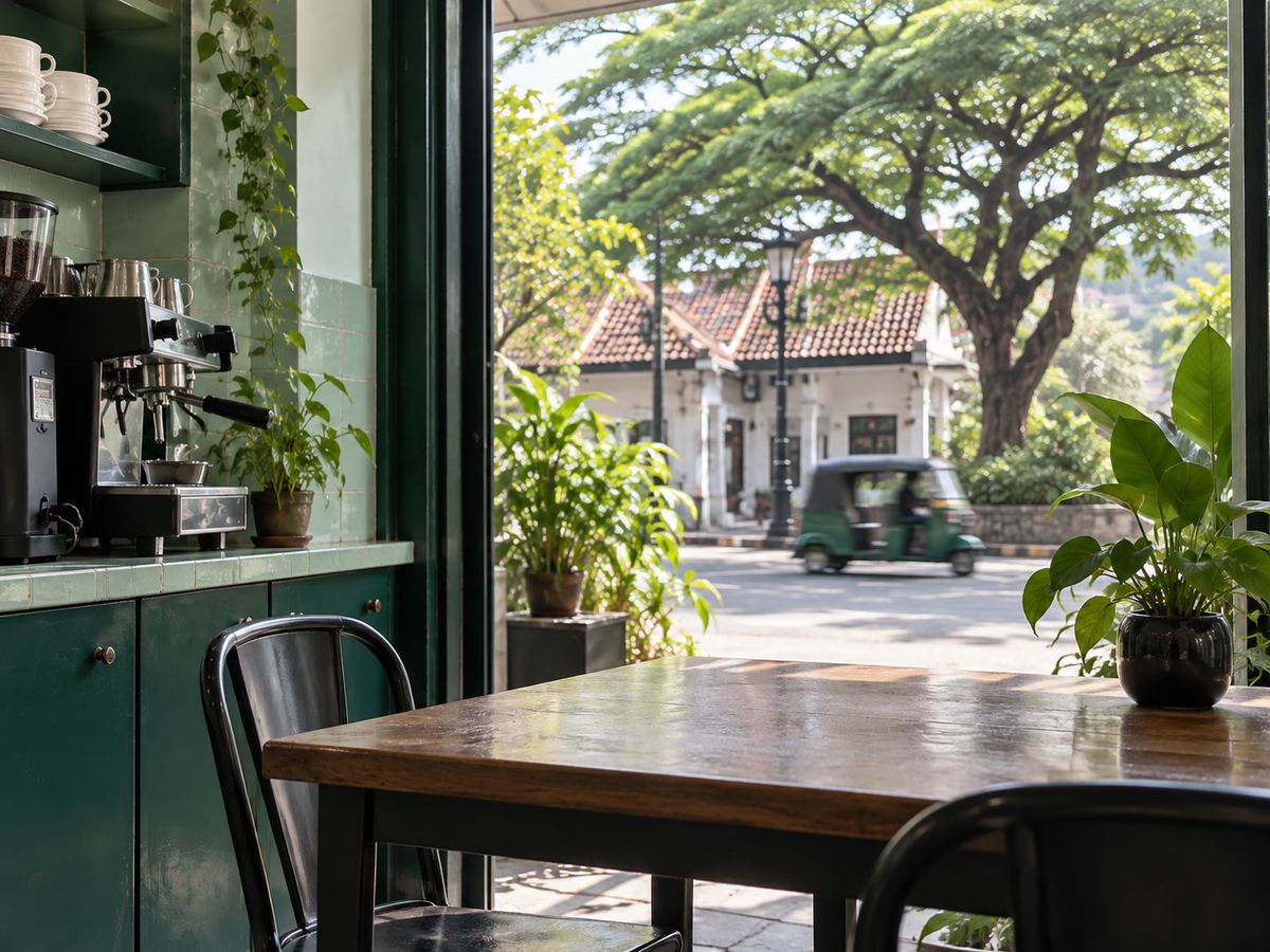 Empty cafe table by a window looking onto a Kandy street with a rain tree