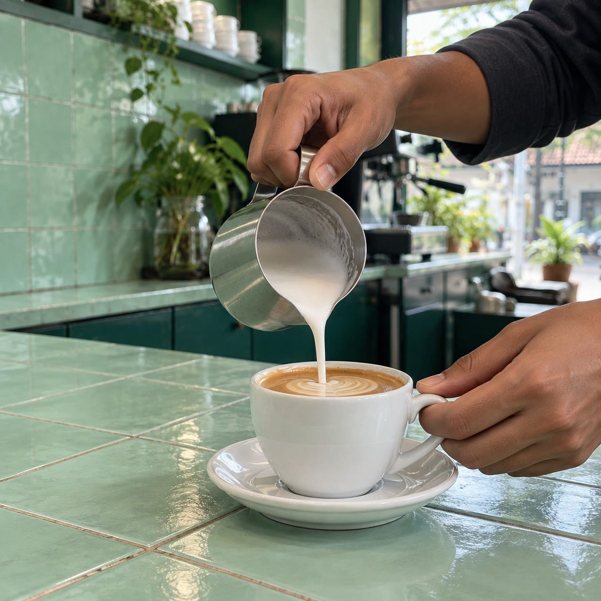 Hands pouring steamed milk into espresso, no faces, mint tiles behind