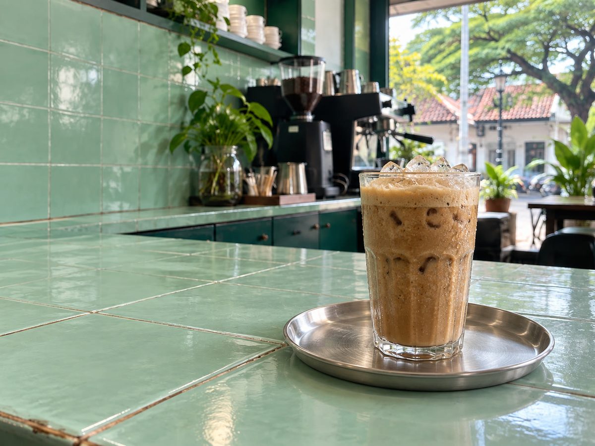 Iced frappe on a metal tray with condensed water, afternoon light
