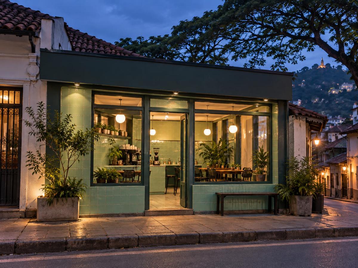 Shopfront at dusk on D.S. Senanayake Veediya, warm interior glow, no signage